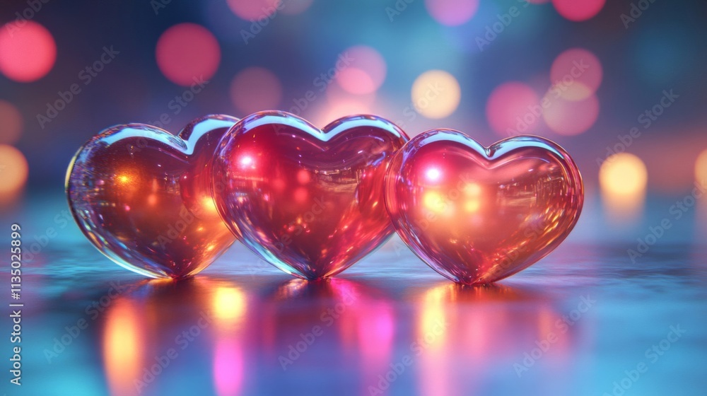 Three Glass Hearts Reflecting Colorful Lights Three Glass Hearts Reflecting Colorful Lights