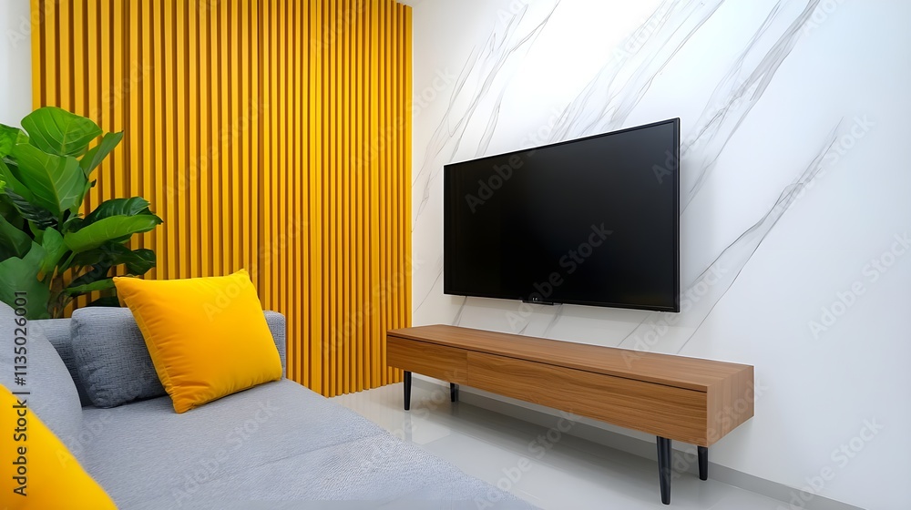 Modern living room interior design featuring a sleek television, stylish wooden console, vibrant yellow accents, and elegant wall decor for contemporary spaces Modern living room interior design featuring a sleek television, stylish wooden console, vibrant yellow accents, and elegant wall decor for contemporary spaces