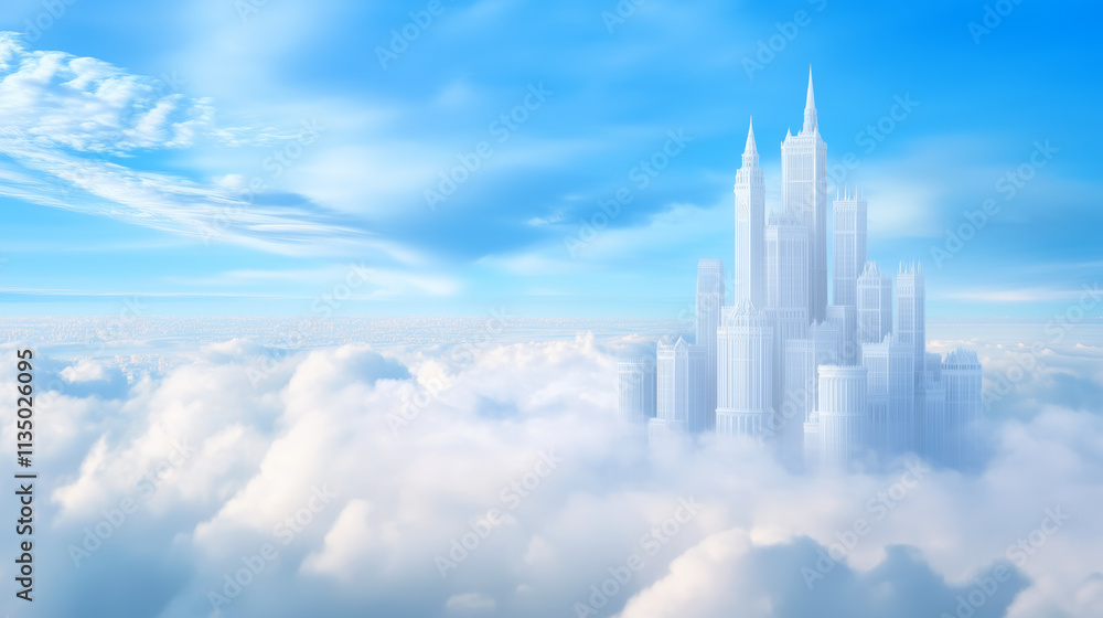 Fototapeta premium Fantasy city floating above clouds with blue sky