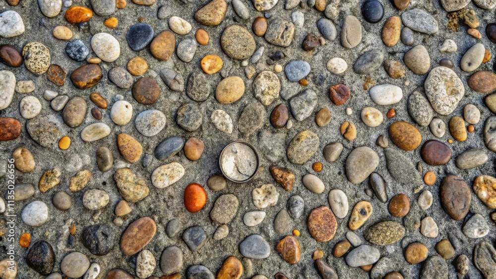 A Close-Up View of a Diverse Array of Smooth Stones on a Sandy Surface, Centered Around a Circular Metal Object A Close-Up View of a Diverse Array of Smooth Stones on a Sandy Surface, Centered Around a Circular Metal Object