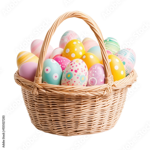 A woven basket filled with colorful, decorated Easter eggs in various patterns and shades isolated on white background photo