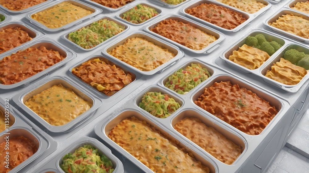 Frozen Ready Meals: Assorted Frost-Covered Dishes Top View Frozen Ready Meals: Assorted Frost-Covered Dishes Top View
