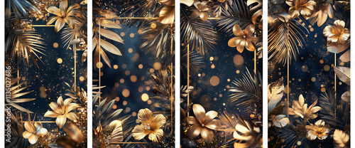 Set of floral Christmas frames with golden leaves and blurred sparkles backgrounds