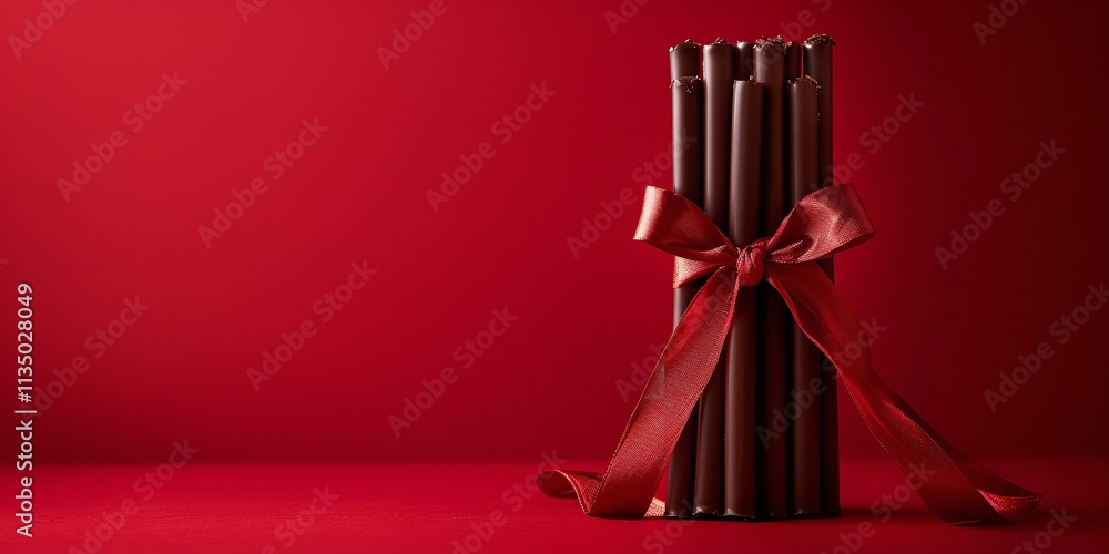 An array of chocolate biscuits and straw stick fastened with a red ribbon over a pristine crimson setting, depicting romantic Valentine's Day advertising programs and space, Generative AI. An array of chocolate biscuits and straw stick fastened with a red ribbon over a pristine crimson setting, depicting romantic Valentine's Day advertising programs and space, Generative AI.