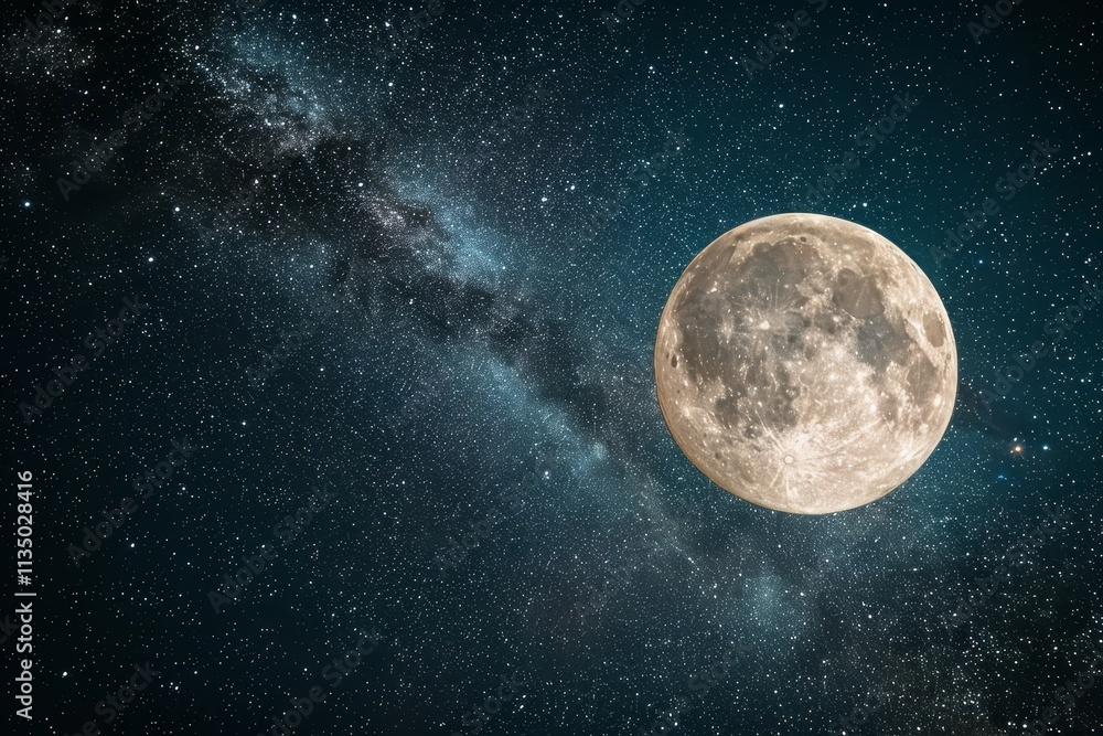 Fototapeta premium The full moon shines brightly, casting a luminous glow in the night sky filled with countless stars and the sweeping arc of the Milky Way galaxy.