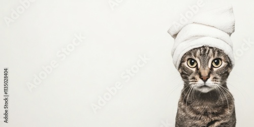 An absolutely adorable cat with a towel resting on its head, simply looking irresistibly cute photo