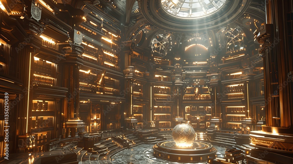 Obraz premium Futuristic Golden Library: A Circular Hall of Illuminated Bookshelves and Central Orb
