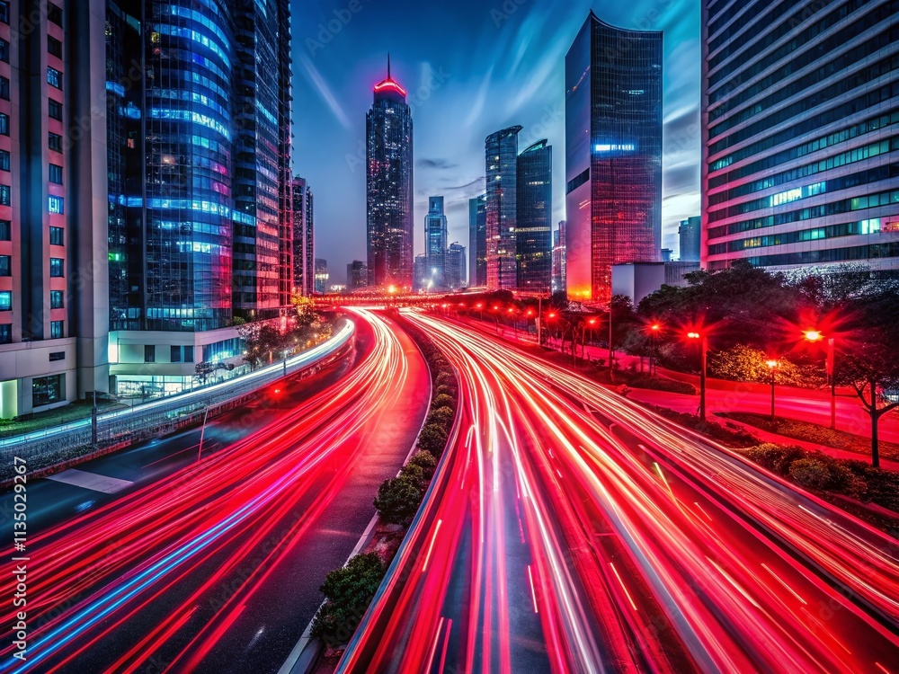 Fototapeta premium Long Exposure Photography of Red Lines Creating Dynamic Light Trails in a Night Cityscape, Showcasing Movement and Energy in Urban Environment