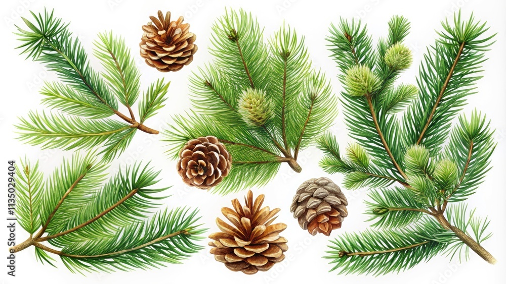 Fototapeta premium Vector Winter Evergreen Pine Tree Set - Handdrawn Christmas Collection with Pine Needles and Pine Cones for Natural Design Elements and Cute Plant Illustrations
