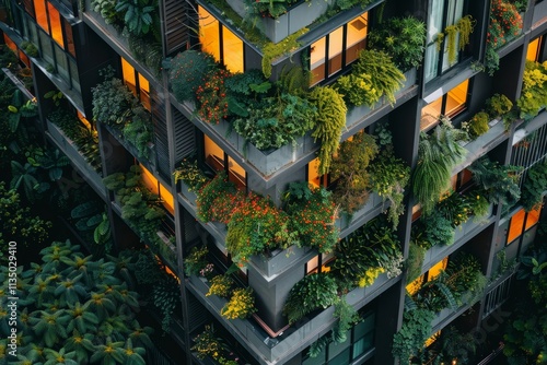 A modern apartment building showcases a stunning green living wall at dusk, with illuminated windows revealing vibrant plant life and urban greenery.