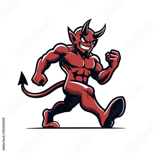 Confident devil with horns, a tail, and shoes walking with determination. Isolated vector illustration perfect for mascots, logos, and fantasy-themed designs.
