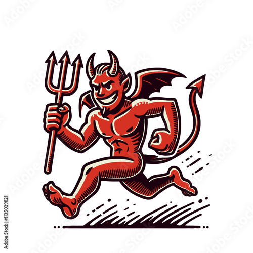 Playful devil with horns, a tail, and a trident running  confidently forward. Isolated vector illustration ideal for mascots, logos, and fantasy-themed designs.