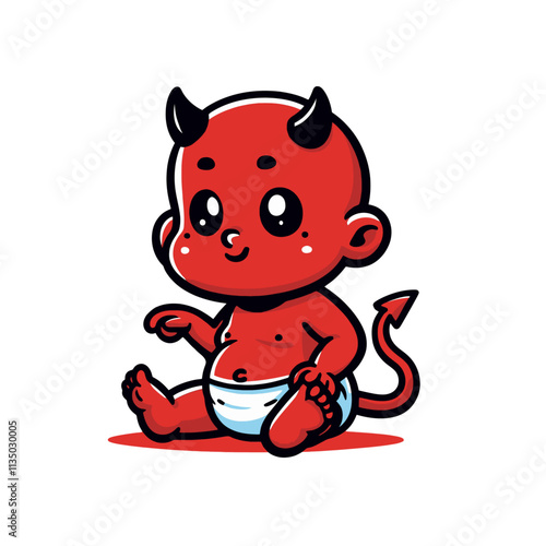 Cartoon baby devil sitting with a curious expression, wearing a diaper, and featuring small horns and a tail. A charming and playful character design. Isolated vector illustration.