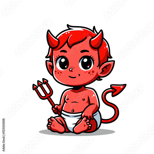 Cartoon baby devil holding a trident, sitting with a friendly expression, featuring horns, a tail, and a diaper. A playful and adorable mascot design. Isolated vector illustration.