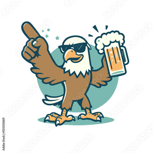 Cartoon eagle mascot holding a beer mug and pointing upward with a confident expression, wearing sunglasses. A fun and bold design for party or celebration themes. Isolated vector illustration.