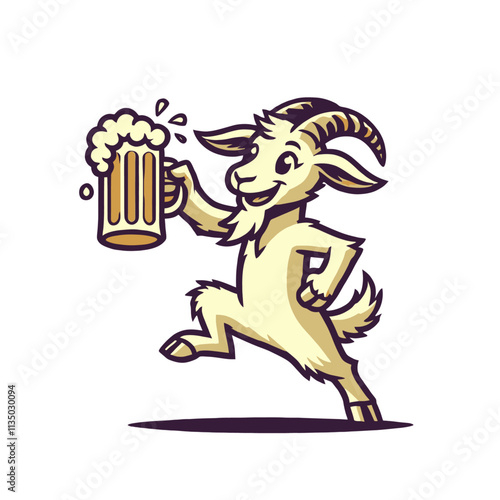 Cartoon goat mascot holding a beer mug, hopping with a cheerful expression. A lively and fun character design for party or celebration themes. Isolated vector illustration.