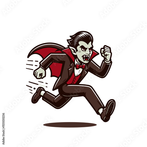 Cartoon vampire running with sharp fangs, wearing a suit and cape, showing a fierce expression. A dynamic and spooky character design for Halloween or horror themes. Isolated vector illustration.