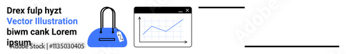 Padlock with a tag connected to a growing graph chart on a web page. Ideal for cybersecurity, data protection, privacy, network security, digital safety, internet security, online protection. Landing