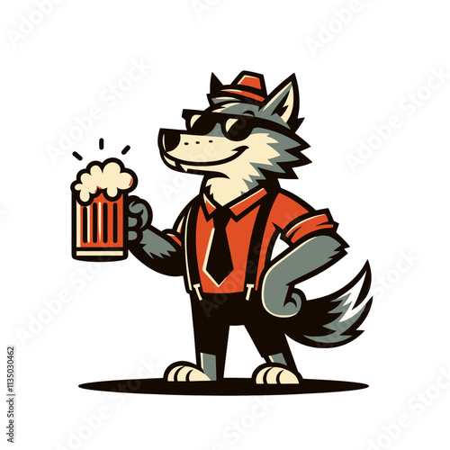 Cartoon wolf in a stylish outfit holding a beer mug, wearing sunglasses, a red shirt, tie, suspenders, and a hat. A classy and fun character design for celebration themes. Isolated vector illustration