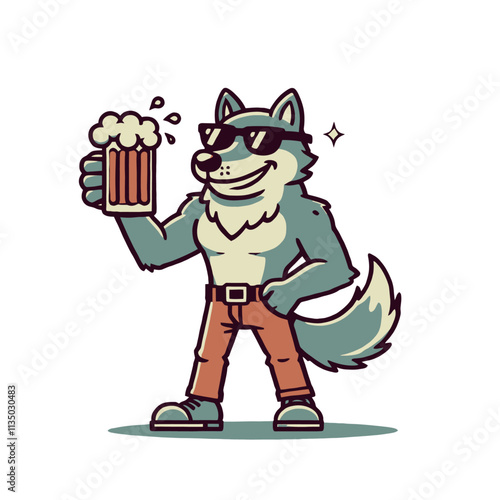 Cartoon wolf holding a beer mug, wearing sunglasses and brown pants, with a confident smile. A lively and fun character design for party or celebration themes. Isolated vector illustration.