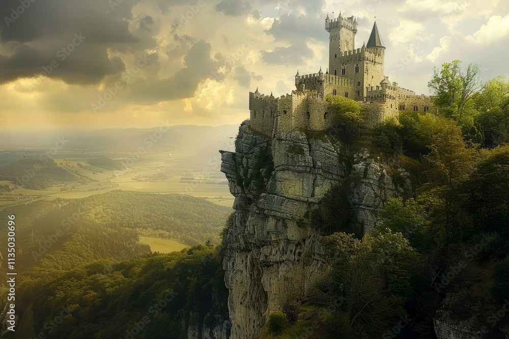 A stunning castle stands on a steep cliff, surrounded by verdant forests and vast valleys, illuminated by the warm hues of the setting sun bathed in a dramatic sky. A stunning castle stands on a steep cliff, surrounded by verdant forests and vast valleys, illuminated by the warm hues of the setting sun bathed in a dramatic sky.