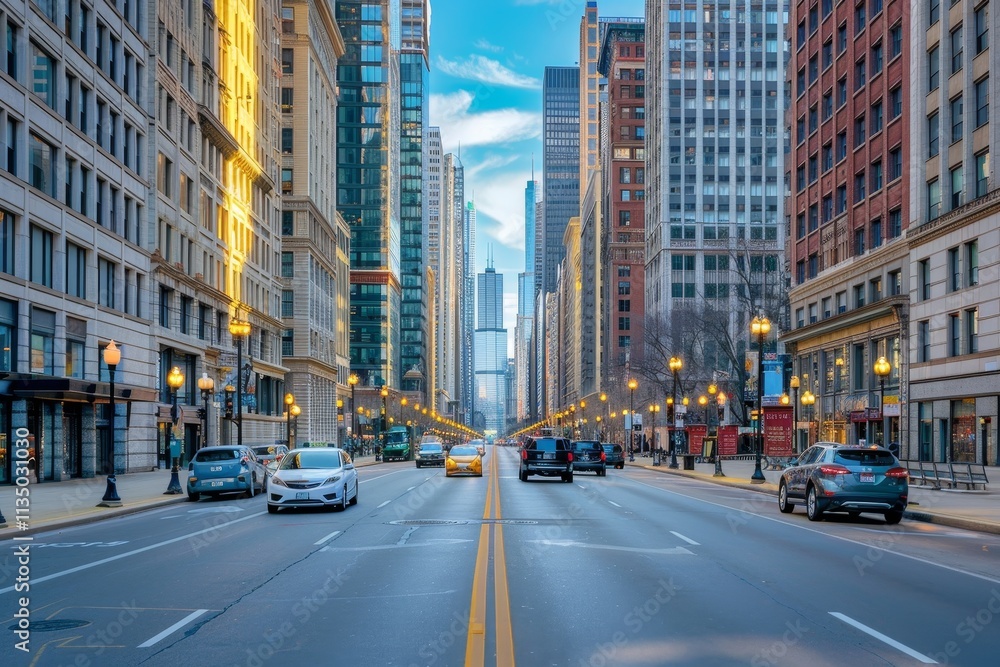 Naklejka premium Traffic flows along a lively downtown Chicago street lined with skyscrapers, showcasing a bright blue sky and bustling city life during a clear afternoon.