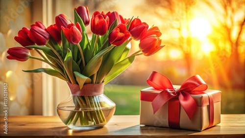 A Bouquet of Red Tulips in a Glass Vase, Set on a Wooden Table with a Wrapped Gift Box, Bathed in Warm Golden Sunlight