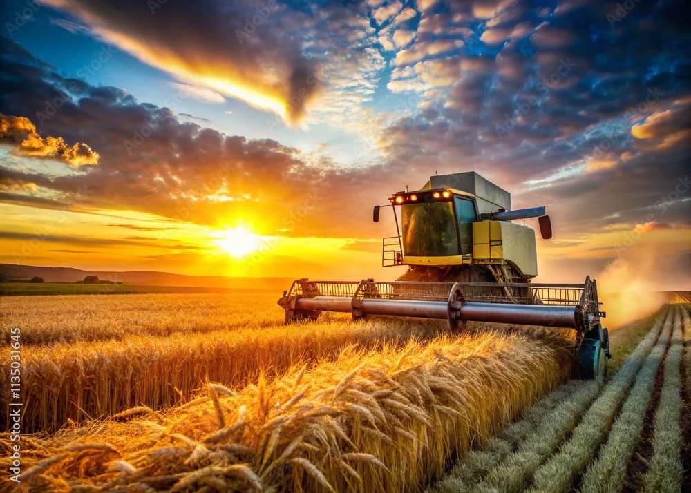 Low Light Photography of Combine Machine Harvesting in a Golden Ripe Wheat Field at Dusk, Showcasing the Beauty of Agriculture and Technology in Harmony Low Light Photography of Combine Machine Harvesting in a Golden Ripe Wheat Field at Dusk, Showcasing the Beauty of Agriculture and Technology in Harmony