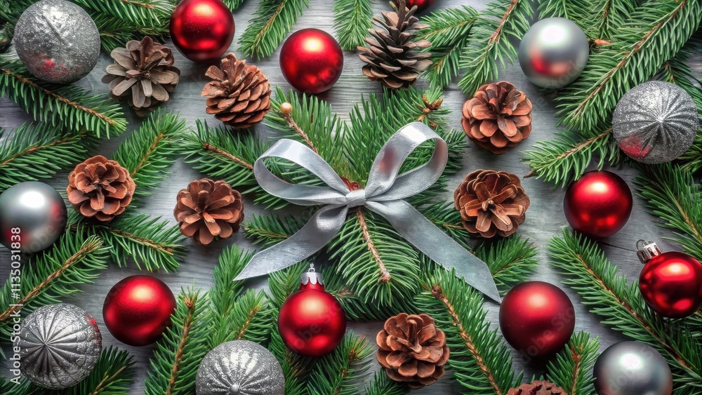 A festive arrangement of red and silver baubles, pine cones, and evergreen branches adorned with a silver bow A festive arrangement of red and silver baubles, pine cones, and evergreen branches adorned with a silver bow