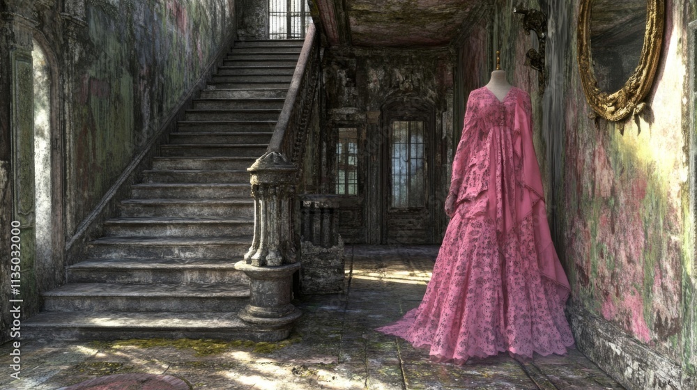 Pink Lace Gown in a Decaying Mansion Hallway Pink Lace Gown in a Decaying Mansion Hallway