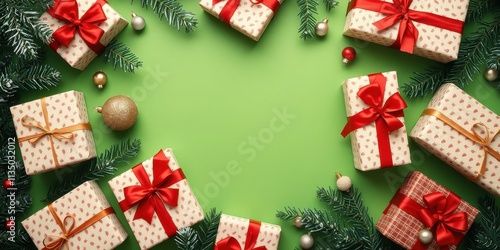 A festive holiday backdrop with a green background featuring numerous wrapped gifts decorated with red ribbons and ornaments, perfect for showcasing holiday greetings or festive messages.