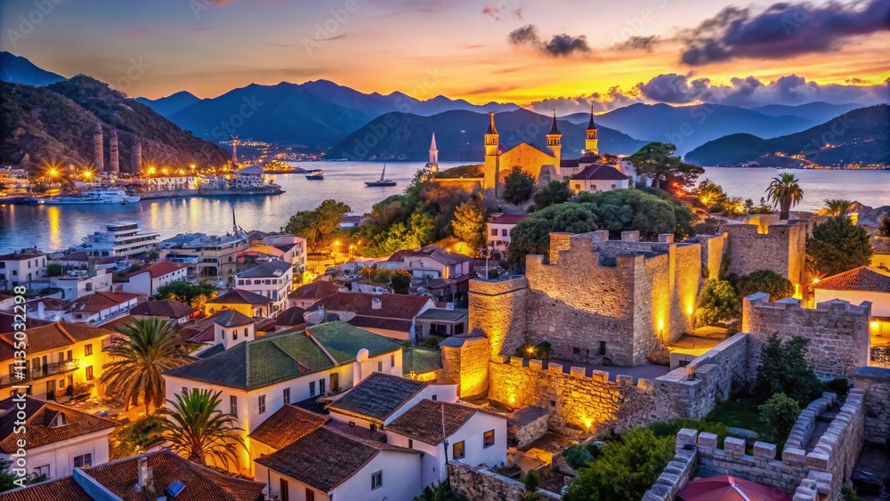 Obraz premium Low Light Photography of the Ancient City Fortress of Marmaris with Selective Focus, Showcasing Historical Architecture and Scenic Views, Perfect for Travel and History Enthusiasts