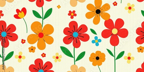 A playful pattern of vibrant red, yellow, and orange flowers with green leaves on a creamy white background