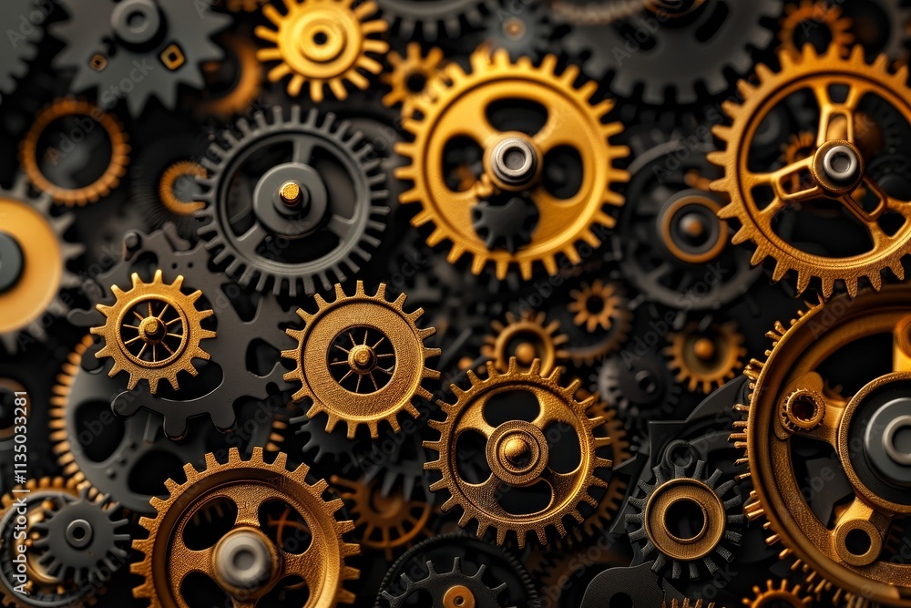 The arrangement features various sizes of brass and black gears interlocking in a complex pattern, emphasizing the beauty of mechanical engineering and design intricacies. The arrangement features various sizes of brass and black gears interlocking in a complex pattern, emphasizing the beauty of mechanical engineering and design intricacies.