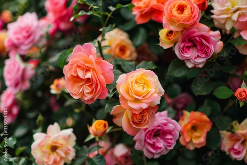 The garden features an array of roses in shades of pink, peach, and yellow, blooming beautifully against a backdrop of green leaves on a sunny afternoon.