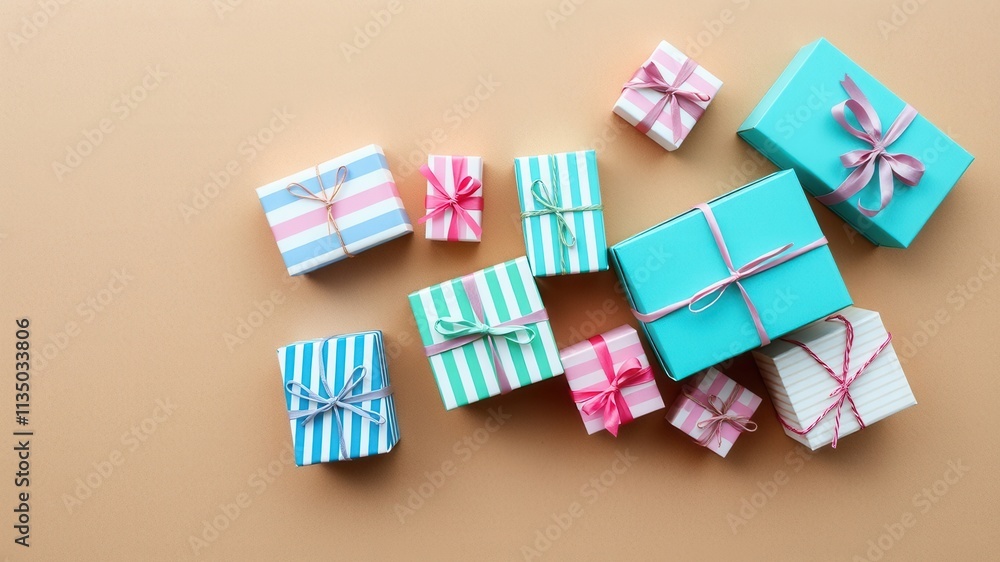 A scattering of colorful, patterned gift boxes tied with delicate ribbons on a light brown background A scattering of colorful, patterned gift boxes tied with delicate ribbons on a light brown background