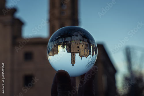 San Juan de los Panetes church inside crystal ball in Zaragoza, Aragon, Spain. Crystal ball picture. photo