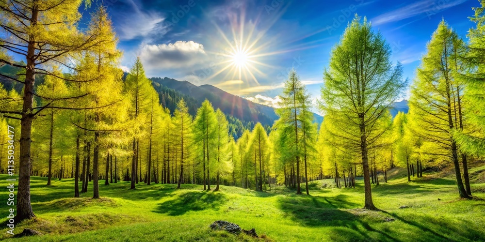Lush Green Needle Larch Trees Bathed in Sunlight During a Beautiful Spring Day in May, Showcasing Nature's Vibrant Colors and Fresh Growth in a Serene Outdoor Setting Lush Green Needle Larch Trees Bathed in Sunlight During a Beautiful Spring Day in May, Showcasing Nature's Vibrant Colors and Fresh Growth in a Serene Outdoor Setting