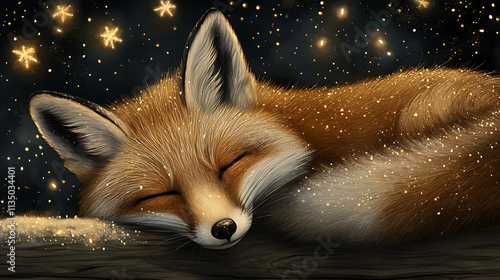 Sleeping fox in a magical fairytale setting with sparkling stars and snowflakes