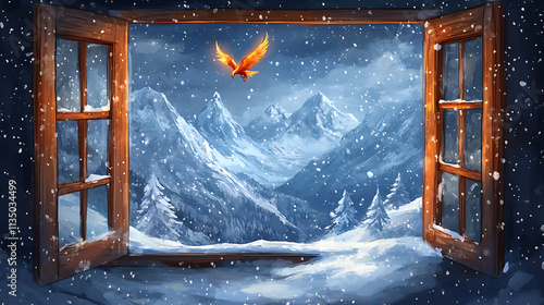 Firebird is hovering through the snowy mountain landscape visible from an open wooden window