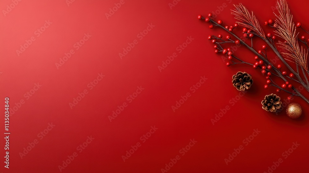 Golden Christmas Decorations on Red Background with Copy Space - Pine Cones, Berries, Stars, and Serpentine on Pine Branches Golden Christmas Decorations on Red Background with Copy Space - Pine Cones, Berries, Stars, and Serpentine on Pine Branches