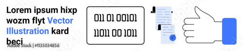 Thumbs up icon, document with checklist and checkmark, binary code panel, and sample text. Ideal for technology, business, approval processes, coding tutorials, professional communication, data
