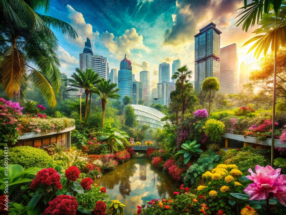 Fototapeta premium Lush Summer Tropical Urban Garden in Vibrant Double Exposure Photography Blending Nature and City Life for a Dreamy Aesthetic