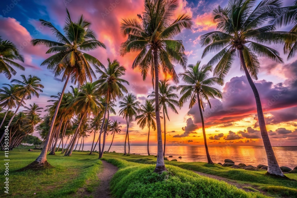 Lush Tropical Landscape Featuring Coconut Trees and Vibrant Skies at Sunset, Capturing the Essence of Tropical Paradise and Nature's Beauty in a Serene Environment Lush Tropical Landscape Featuring Coconut Trees and Vibrant Skies at Sunset, Capturing the Essence of Tropical Paradise and Nature's Beauty in a Serene Environment