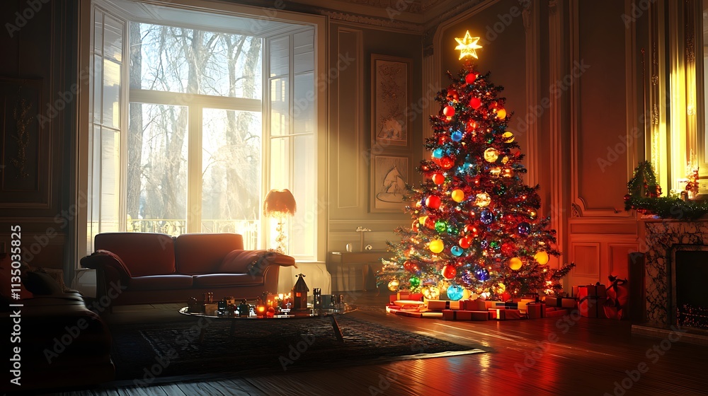 Peaceful warm living room featuring glowing glass Christmas tree softly radiating vibrant colorful festive light details Peaceful warm living room featuring glowing glass Christmas tree softly radiating vibrant colorful festive light details