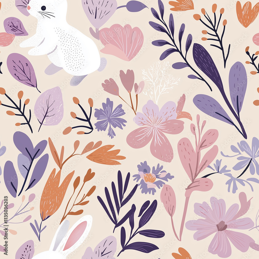 A whimsical illustration featuring a white bunny among colorful flowers and leaves, creating a playful and vibrant floral pattern. A whimsical illustration featuring a white bunny among colorful flowers and leaves, creating a playful and vibrant floral pattern.
