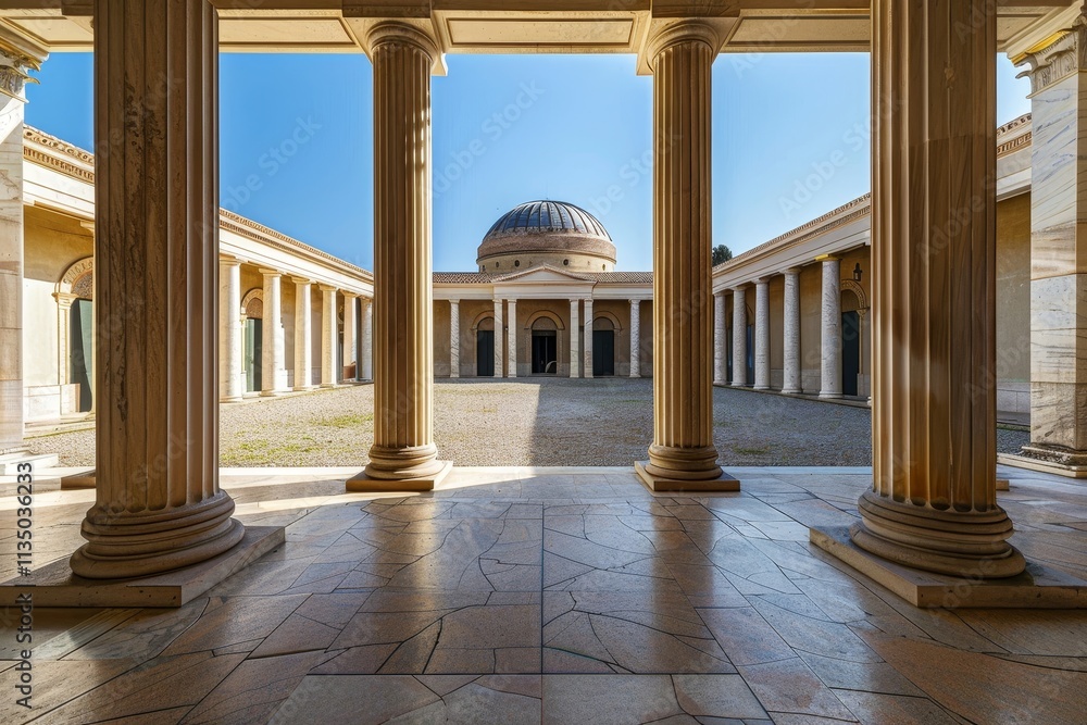 Fototapeta premium A serene courtyard displays tall stone columns surrounding a dome structure under a clear blue sky, highlighting classical architectural design and tranquility.