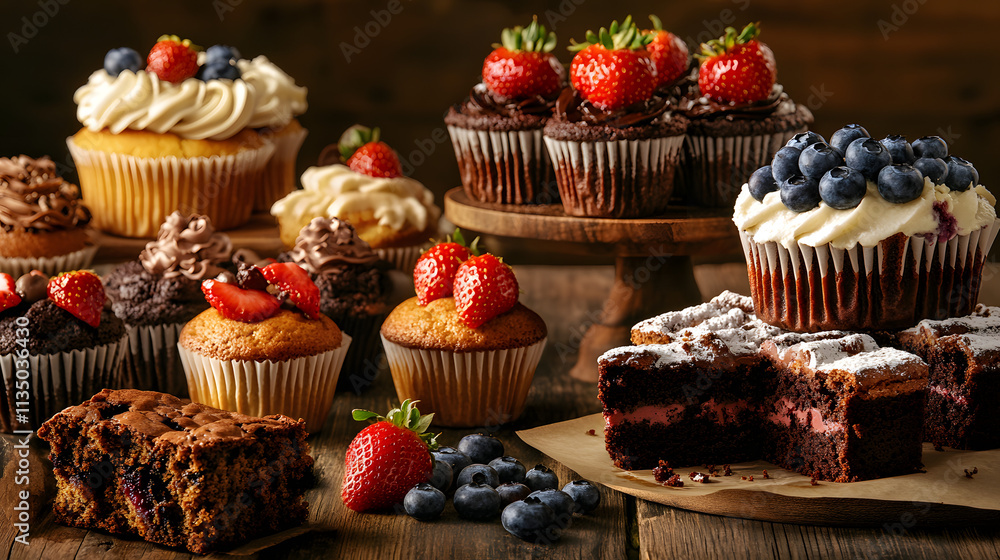 A Delightful Bakery Poster Featuring Blueberry Muffins, Strawberry Cupcakes, Marble Cake, and Brownies Perfect for Attracting Sweet Tooth Customers A Delightful Bakery Poster Featuring Blueberry Muffins, Strawberry Cupcakes, Marble Cake, and Brownies Perfect for Attracting Sweet Tooth Customers