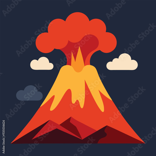 Vector Illustrate a flat design of a volcanic mountain erupting with vibrant lava and ash clouds rising into the sky.