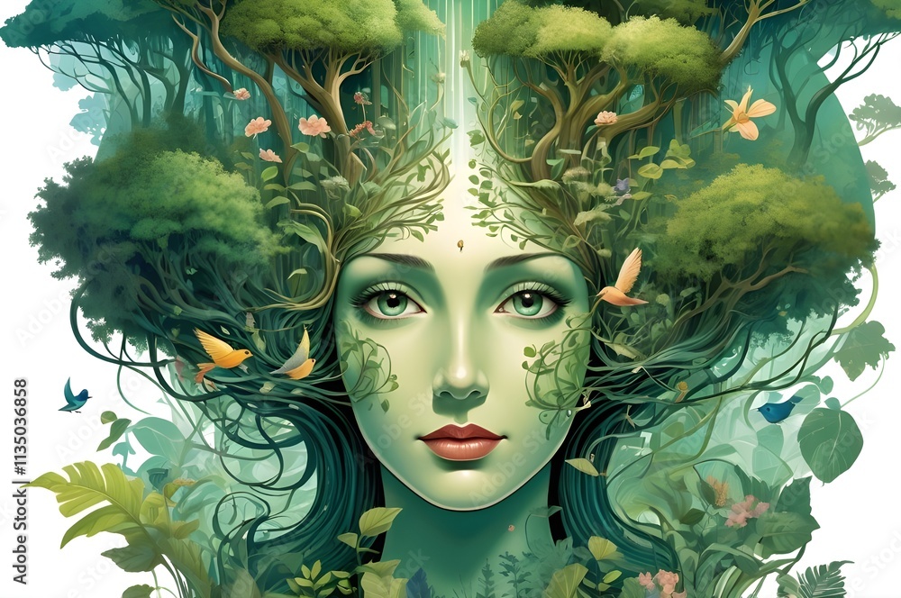 Surreal head with hair as a lush green forest, featuring trees, flowers, stream, and peaceful wildlife. Surreal head with hair as a lush green forest, featuring trees, flowers, stream, and peaceful wildlife.